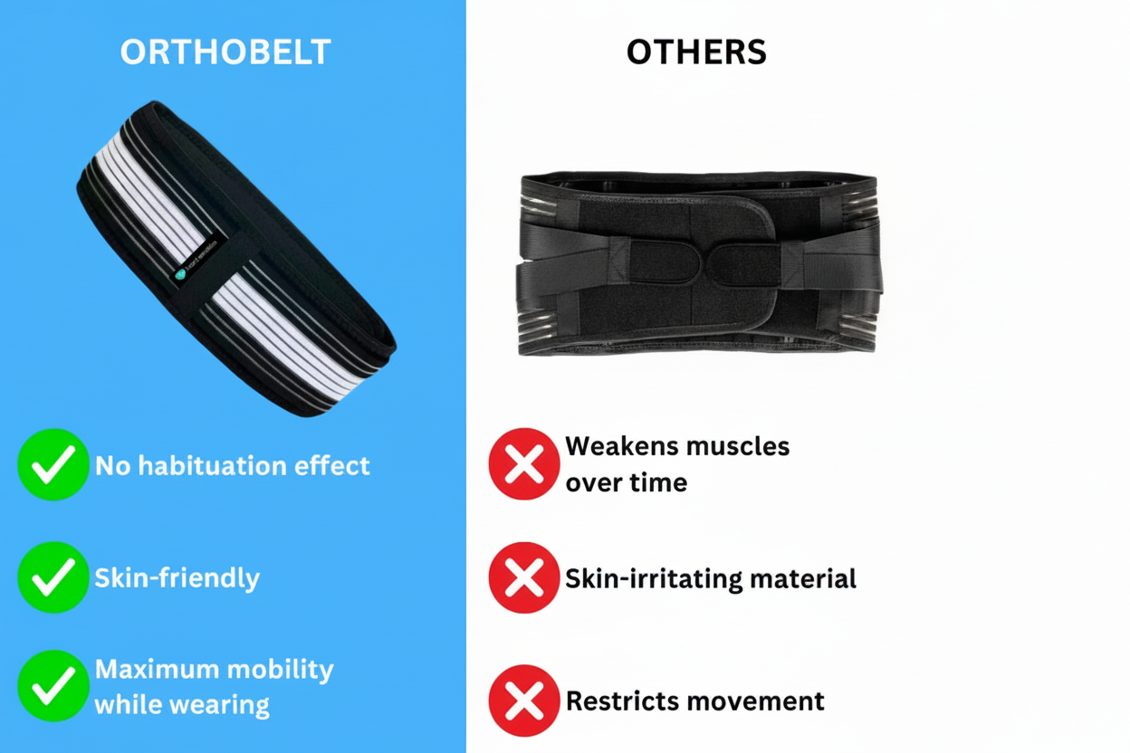 Comparison chart of 'Orthogürtel' and 'Andere' belts with their respective advantages and disadvantages.